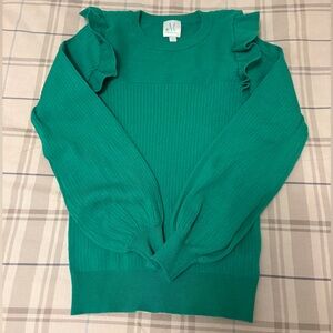 Green Ruffled Crew Neck Sweater